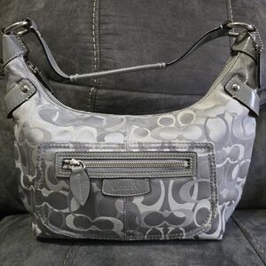 Coach Gray Signature Jacquard Hobo with Front Zip Pocket